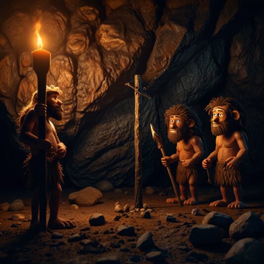 Leonardo_Lightning_Two_prehistoric_cavemen_are_standing_near_a_3